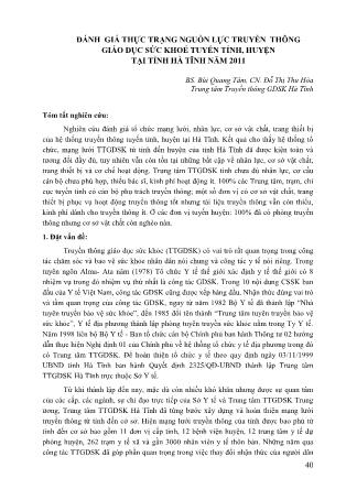 Đánh giá thực trạng nguồn lực truyền thông giáo dục sức khoẻ tuyến tỉnh, huyện tại tỉnh Hà Tĩnh năm 2011