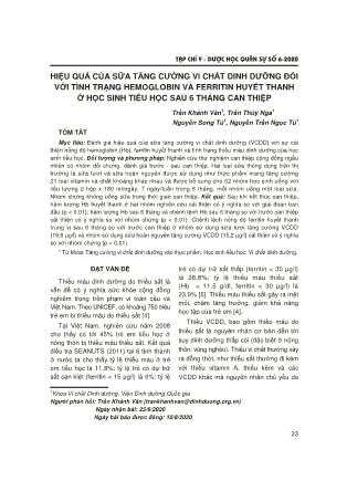 Hiệu quả của sữa tăng cường vi chất dinh dưỡng đối với tình trạng Hemoglobin và Ferritin huyết thanh ở học sinh Tiểu học sau 6 tháng can thiệp