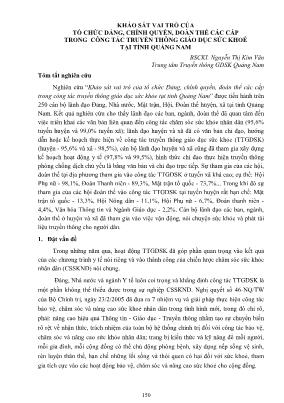 Khảo sát vai trò của tổ chức Đảng, chính quyền, đoàn thể các cấp trong công tác truyền thông giáo dục sức khoẻ tại tỉnh Quảng Nam
