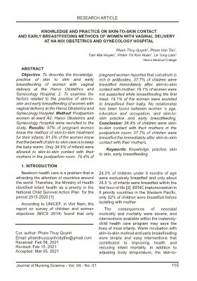 Knowledge and practice on skin-to-skin contact and early breastfeeding methods of women with vaginal delivery at Ha Noi obstetrics and gynecology hospital