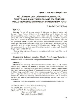 Mối liên quan giữa chỉ số phân đoạn tiểu cầu chưa trưởng thành và mức độ nặng của đông máu rải rác trong lòng mạch ở bệnh nhi nhiễm khuẩn huyết