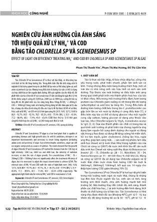 Nghiên cứu ảnh hưởng của ánh sáng tới hiệu quả xử lý NH₄+ và COD bằng tảo Chlorella sp và Scenedesmus sp