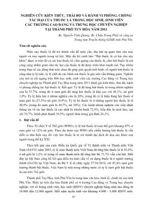 Nghiên cứu kiến thức, thái độ và hành vi phòng, chống tác hại của thuốc lá trong học sinh, sinh viên các trường cao đẳng và trung học chuyên nghiệp tại thành phố Tuy Hòa năm 2011