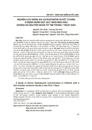 Nghiên cứu nồng độ Osteopontin huyết tương ở bệnh nhân đột quỵ nhồi máu não không do nguyên nhân từ tim trong 7 ngày đầu