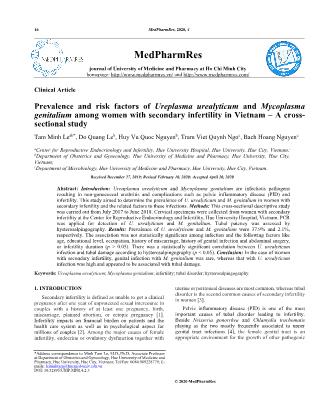 Prevalence and risk factors of Ureplasma urealyticum and Mycoplasma genitalium among women with secondary infertility in Vietnam – A crosssectional study
