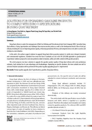 Solutions for upgrading gasoline products to comply with Euro V specifications in Dung Quat refinery