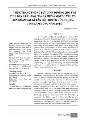 Thực trạng phòng suy dinh dưỡng cho trẻ từ 6 đến 24 tháng của bà mẹ và một số yếu tố liên quan tại xã Tân Hội, huyện Đức Trọng, tỉnh Lâm Đồng năm 2015