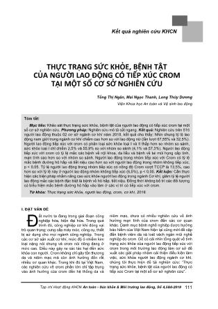 Thực trạng sức khỏe, bệnh tật của người lao động có tiếp xúc Crom tại một số cơ sở nghiên cứu