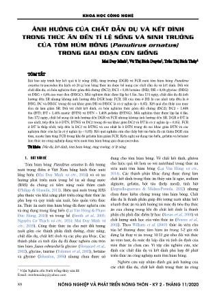 Ảnh hưởng của chất dẫn dụ và kết dính trong thức ăn đến tỉ lệ sống và sinh trưởng của tôm hùm bông (Panulirus ornatus) trong giai đoạn con giống