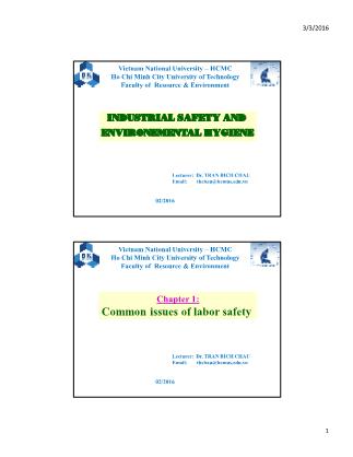 Bài giảng Industrial safety and environemental hygiene - Chapter 1: Common issues of labor safety - Trần Bích Châu