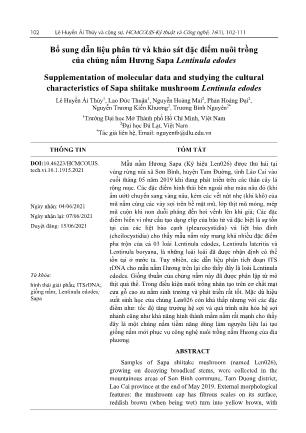 Bổ sung dẫn liệu phân tử và khảo sát đặc điểm nuôi trồng của chủng nấm Hương Sapa Lentinula edodes