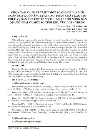 Chọn tạo và phát triển một số giống lúa mới ngắn ngày, có năng suất cao, phẩm chất gạo tốt phục vụ sản xuất để tăng thu nhập cho nông dân Quảng Ngãi và một số tỉnh khu vực miền Trung