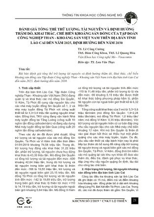 Đánh giá tổng thể trữ lượng, tài nguyên và định hướng thăm dò, khai thác, chế biến khoáng sản đồng của Tập đoàn Công nghiệp than - Khoáng sản Việt Nam trên địa bàn tỉnh Lào Cai đến năm 2025, định hướng đến năm 2030