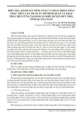 Điều tra, đánh giá tiềm năng và hoạt động khai thác thủy sản, đề xuất mô hình quản lý khai thác bền vững tại đầm An Khê, huyện Đức Phổ, tỉnh Quảng Ngãi