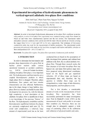 Experimental investigation of hydrodynamic phenomena in vertical-upward adiabatic two-phase flow conditions