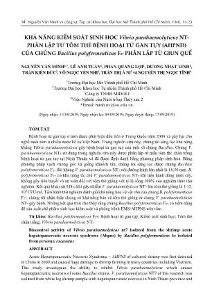 Khả năng kiểm soát sinh học Vibrio parahaemolyticus NT₇ phân lập từ tôm thẻ bệnh hoại tử gan tụy (AHPND) của chủng Bacillus polyfermenticus F₂₇ phân lập từ giun quế