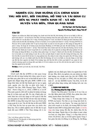 Nghiên cứu ảnh hưởng của chính sách thu hồi đất, bồi thường, hỗ trợ và tái định cư đến sự phát triển kinh tế - xã hội huyện Vân Đồn, tỉnh Quản Ninh