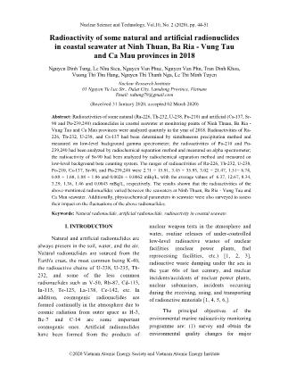 Radioactivity of some natural and artificial radionuclides in coastal seawater at Ninh Thuan, Ba Ria - Vung Tau and Ca Mau provinces in 2018