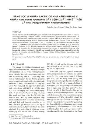 Sàng lọc vi khuẩn lactic có khả năng kháng vi khuẩn Aeromonas hydrophila gây bệnh xuất huyết trên cá tra (Pangasianodon hypophthalmus)