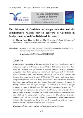 The followers of Caodaism in foreign countries and the administrative relation between believers of Caodaism in foreign countries and Cao Dai church in country