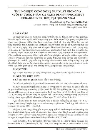 Thử nghiệm công nghệ sản xuất giống và nuôi thương phẩm cá ngựa đen (Hippocampus kudableeker, 1852) tại Quảng Ngãi