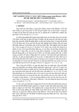 Thử nghiệm nuôi cá ngựa đen (Hippocampus kuda Bleeker, 1852) bố mẹ thế hệ thứ I tại Khánh Hòa